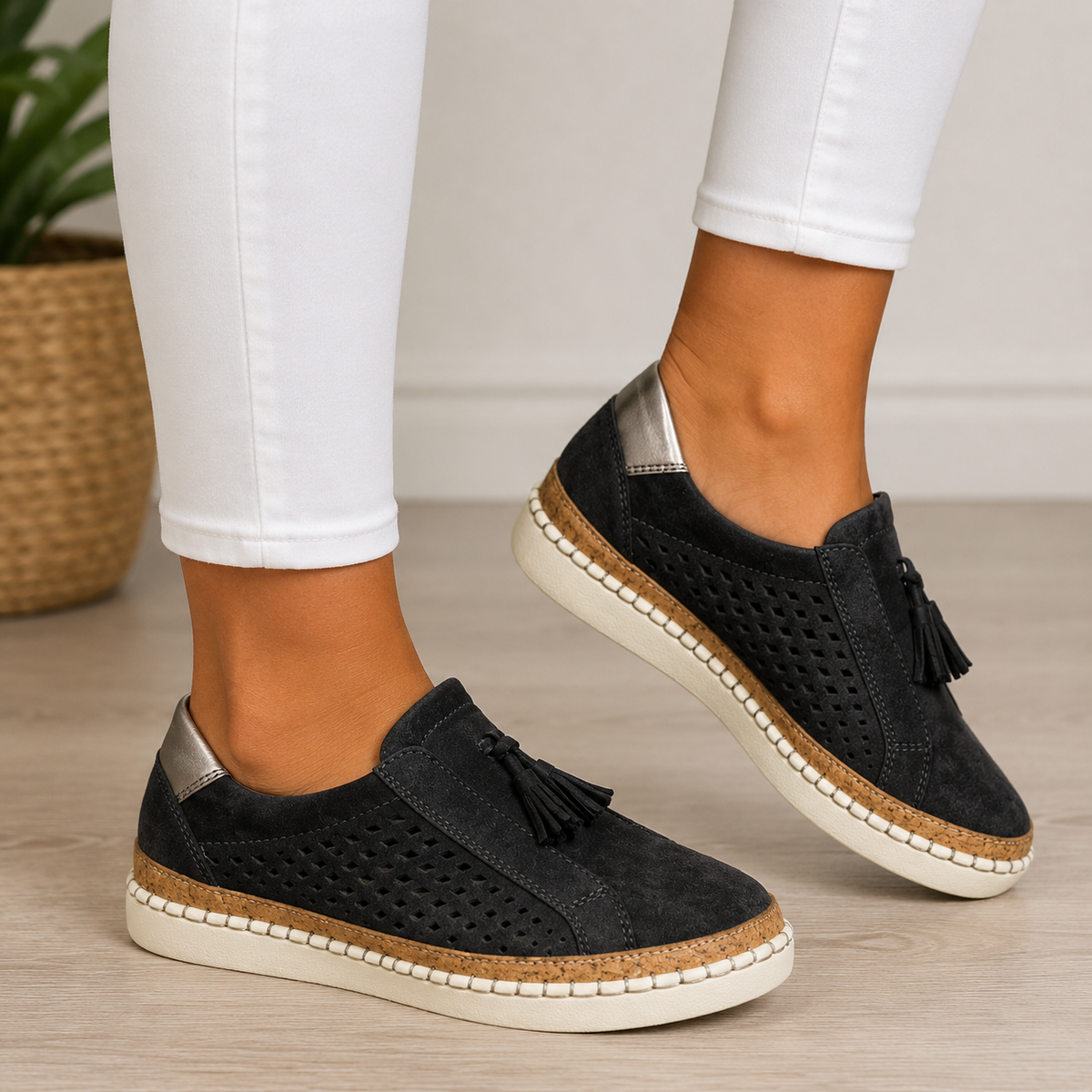 Mocassini Ortopedici da Donna in Suede Traforato - Nero