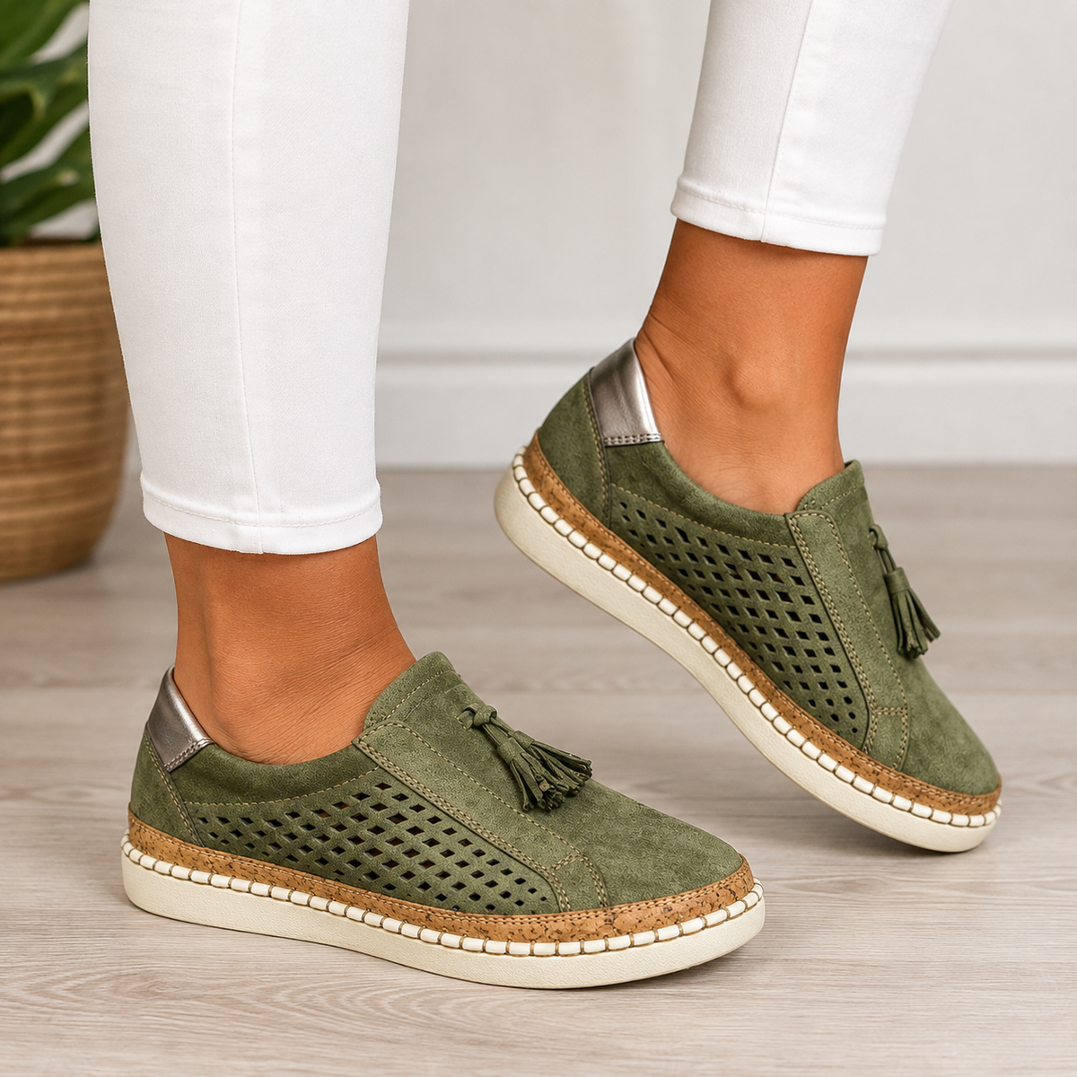 Mocassini Ortopedici da Donna in Suede Traforato - Verde