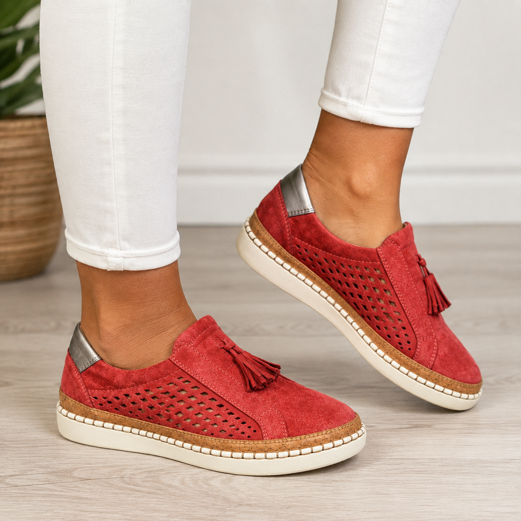 Mocassini Ortopedici da Donna in Suede Traforato - Rosso