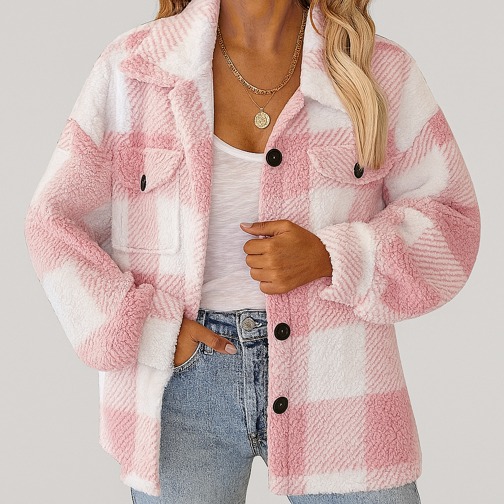 Giacca Donna in Pile Sherpa a Quadri con Bottoni