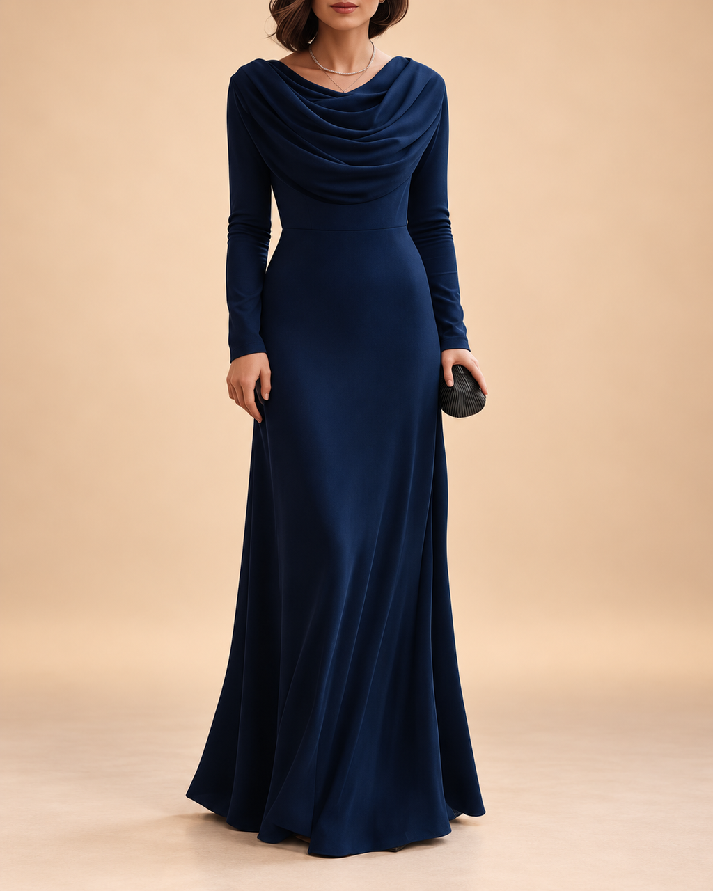 Abito Lungo Donna con Collo a Cascata Drappeggiato - Blu Navy