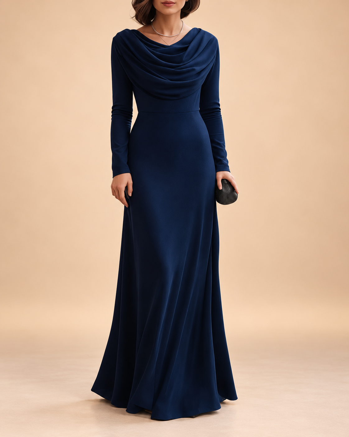 Abito Lungo Donna con Collo a Cascata Drappeggiato - Blu Navy