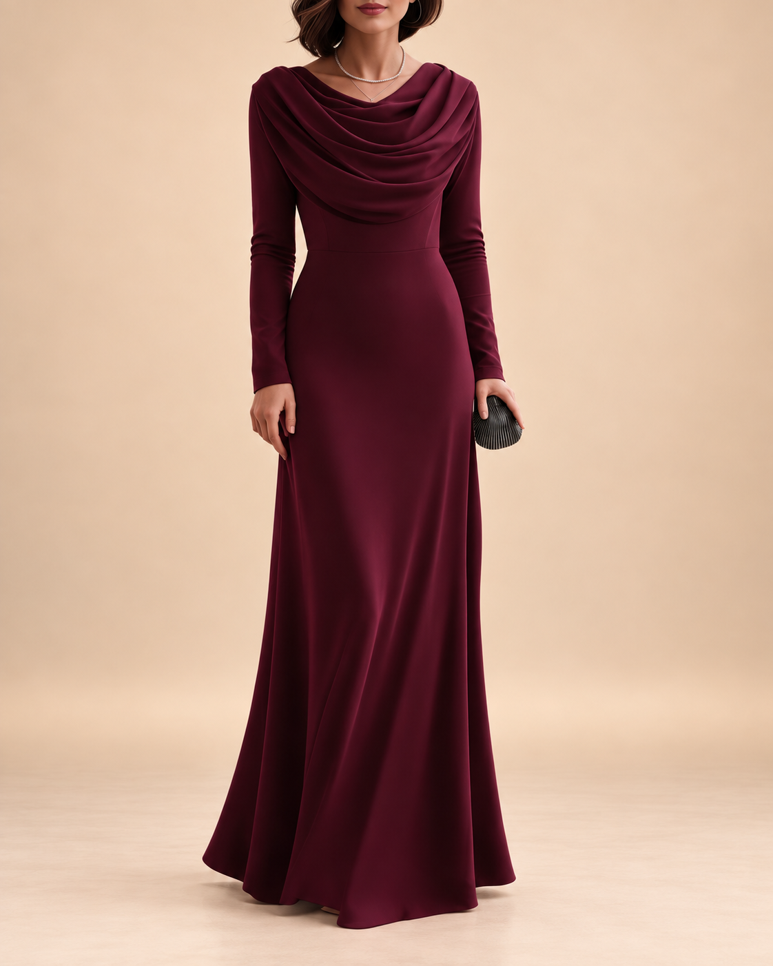 Abito Lungo Donna con Collo a Cascata Drappeggiato - Rosso Vino