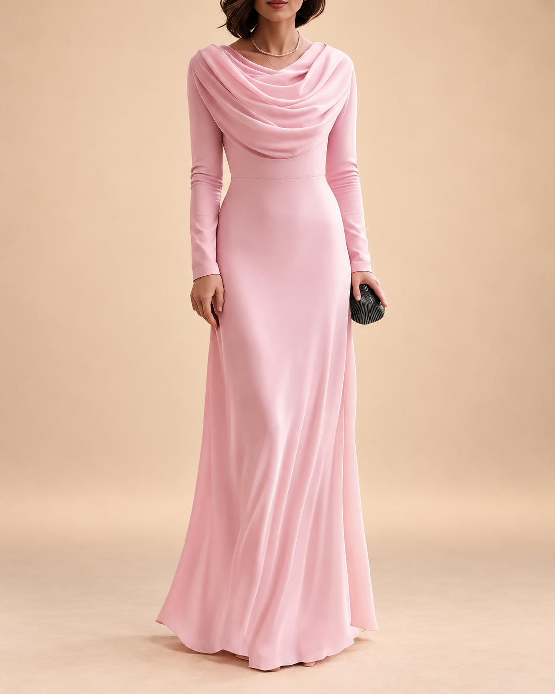 Abito Lungo Donna con Collo a Cascata Drappeggiato - Rosa