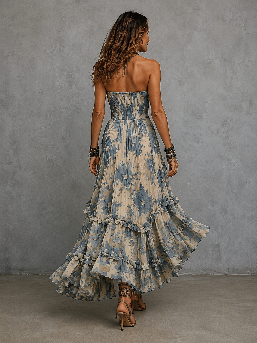 Abito Lungo Donna Floreale Senza Spalline con Volant