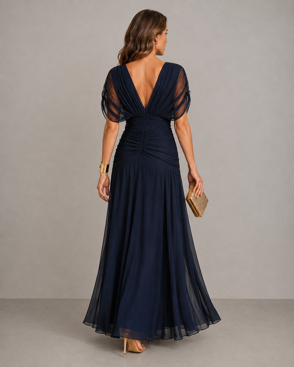 Abito Lungo Donna Arricciato con Scollo a V e Maniche Velate