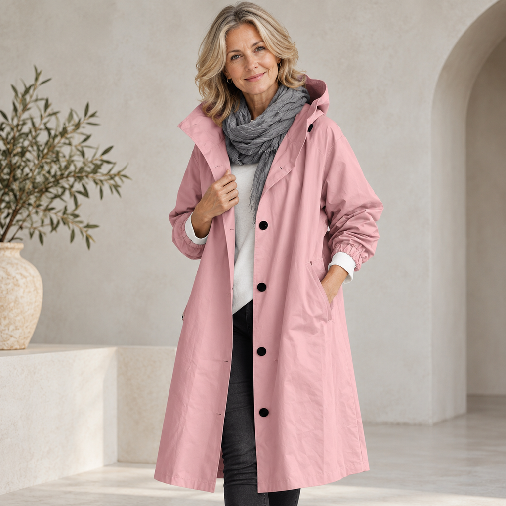 Trench Lungo da Donna con Cappuccio - Rosa Chiaro