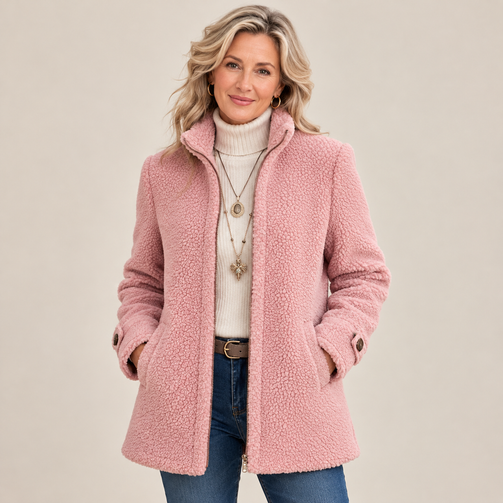 Giacca Lunga da Donna in Pile Testurizzato con Zip - Rosa