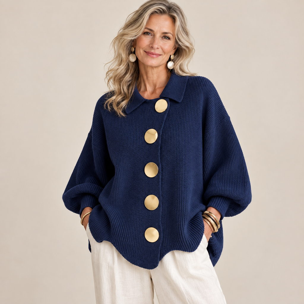 Cardigan Donna Oversize in Maglia Grossa con Colletto e Bottoni - Blu