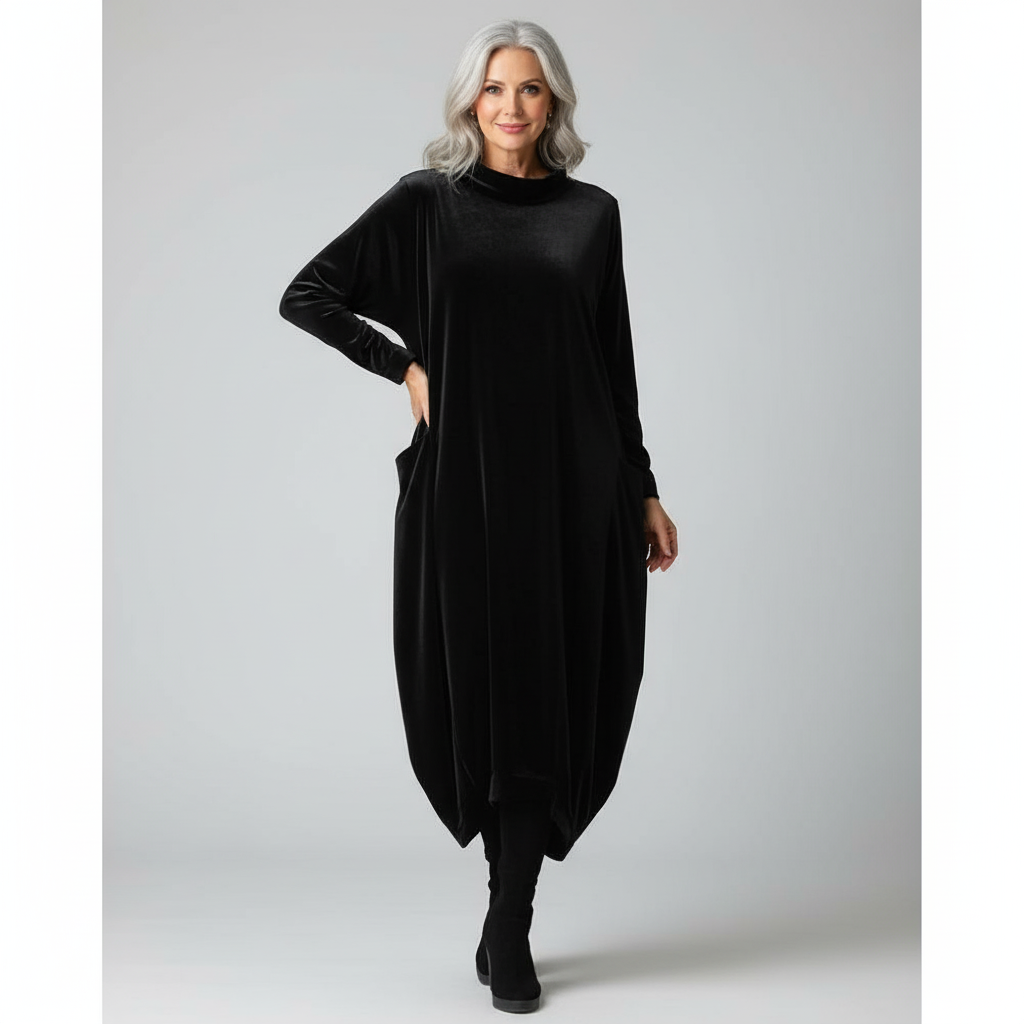 Abito Lungo da Donna in Velour con Collo Alto e Tasche