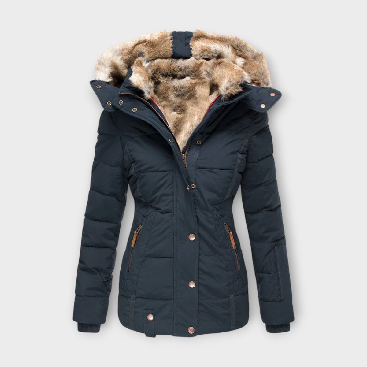 Giacca Donna con Fodera in Pelliccia Sintetica e Cappuccio - Blu