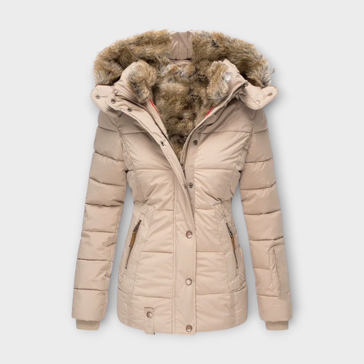 Giacca Donna con Fodera in Pelliccia Sintetica e Cappuccio - Beige