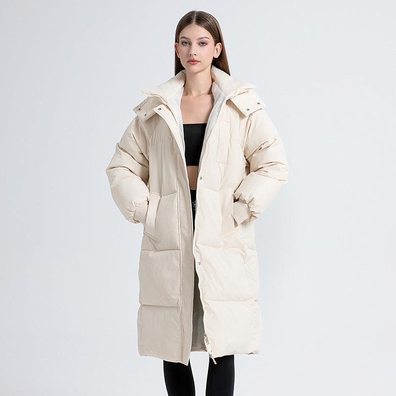 Piumino Lungo Imbottito da Donna con Cappuccio - Beige