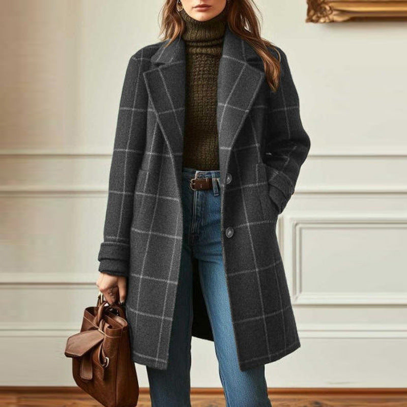 Cappotto Donna in Tweed a Quadri con Revers - Grigio