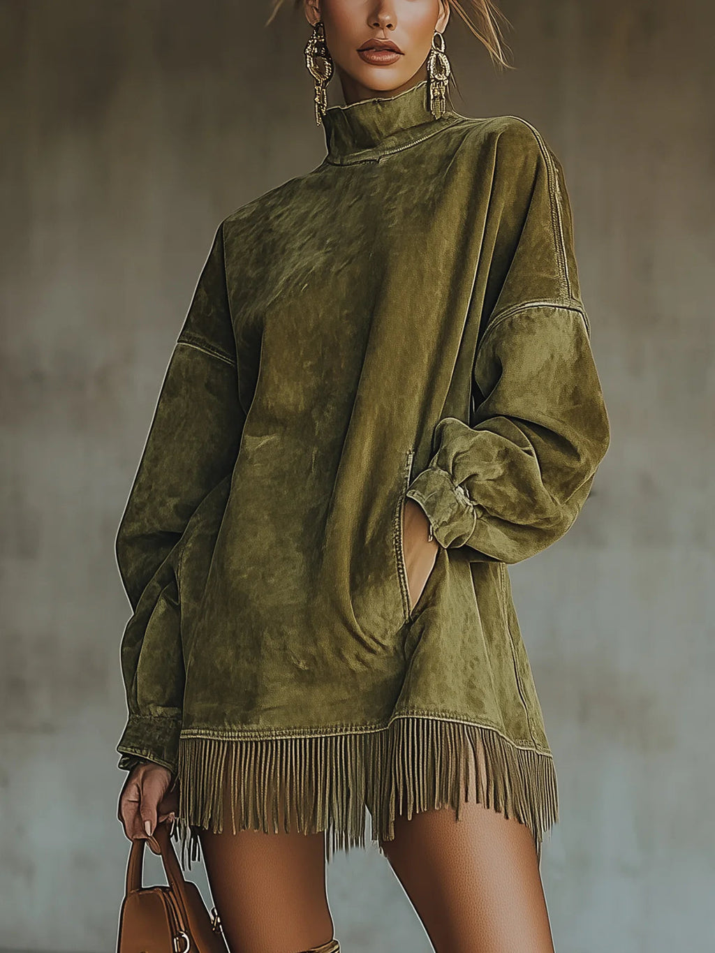 Mini Abito da Donna in Scamosciato Sintetico con Frange - Verde