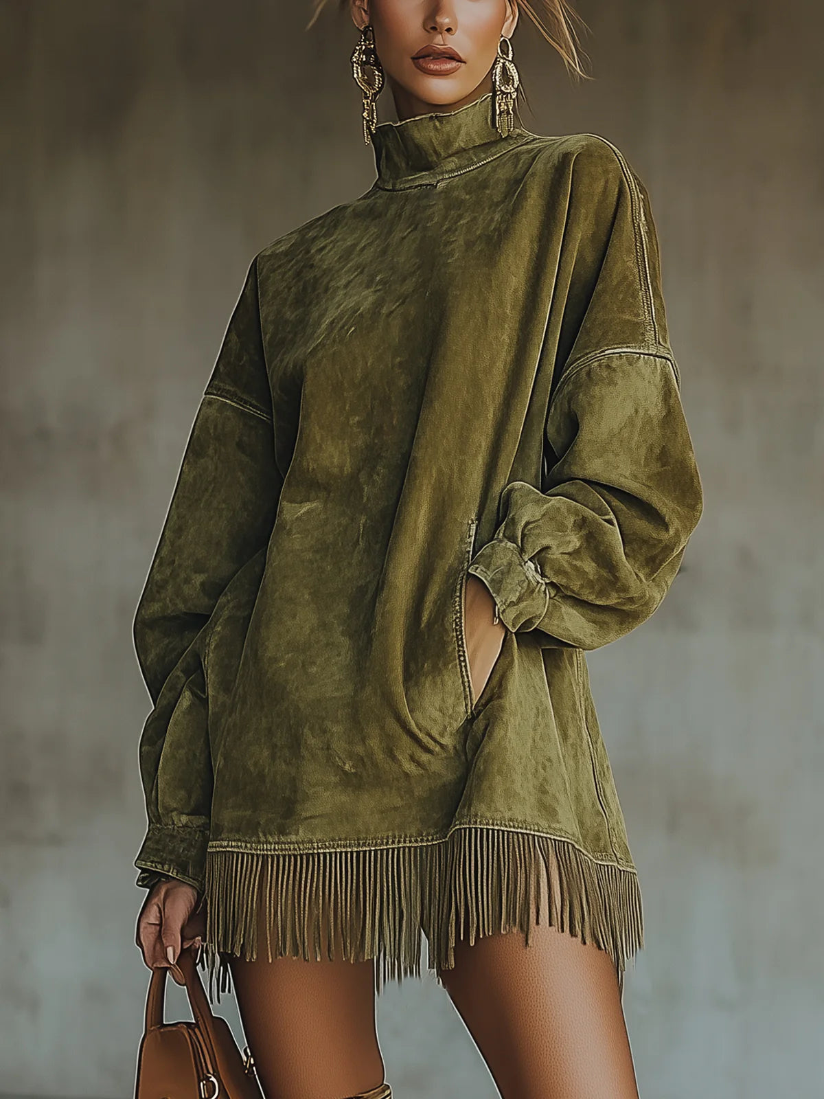 Mini Abito da Donna in Scamosciato Sintetico con Frange - Verde