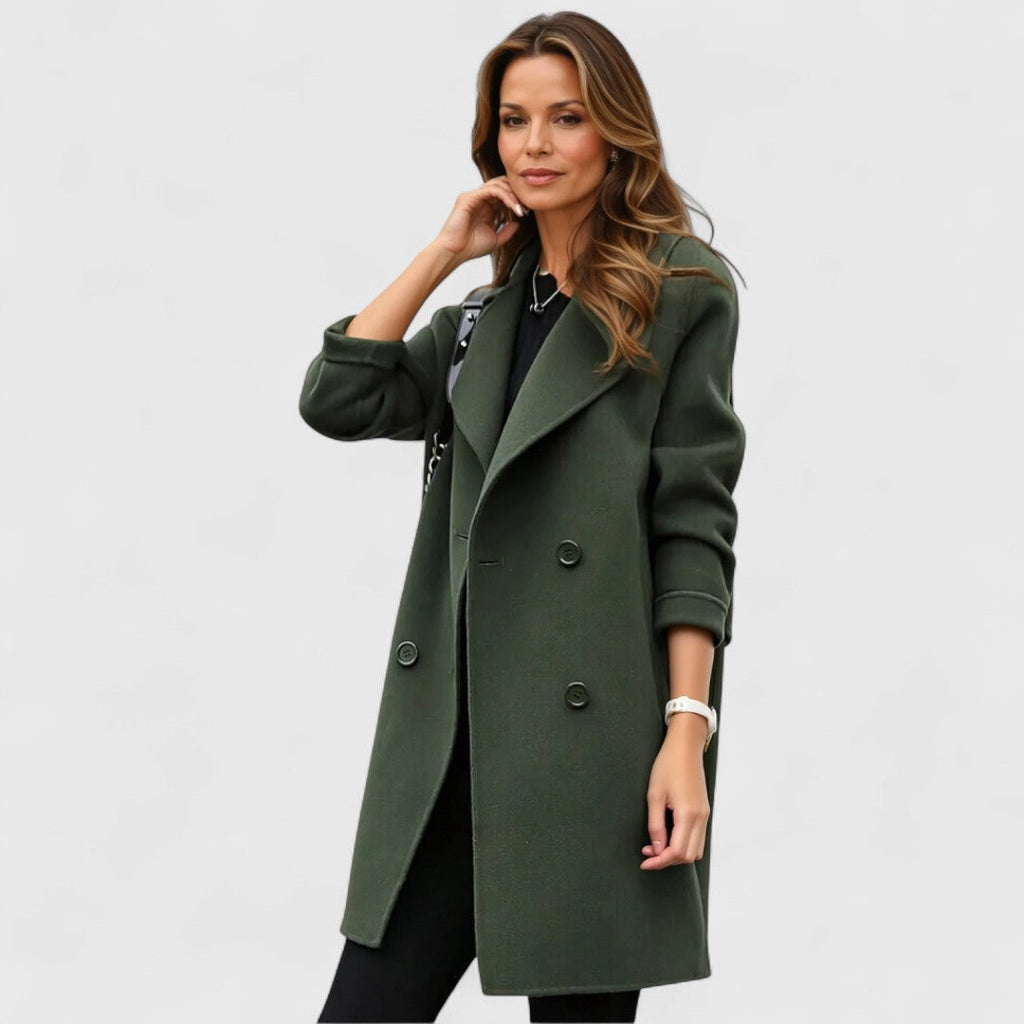 Cappotto Lungo Doppiopetto da Donna con Revers - Verde Militare