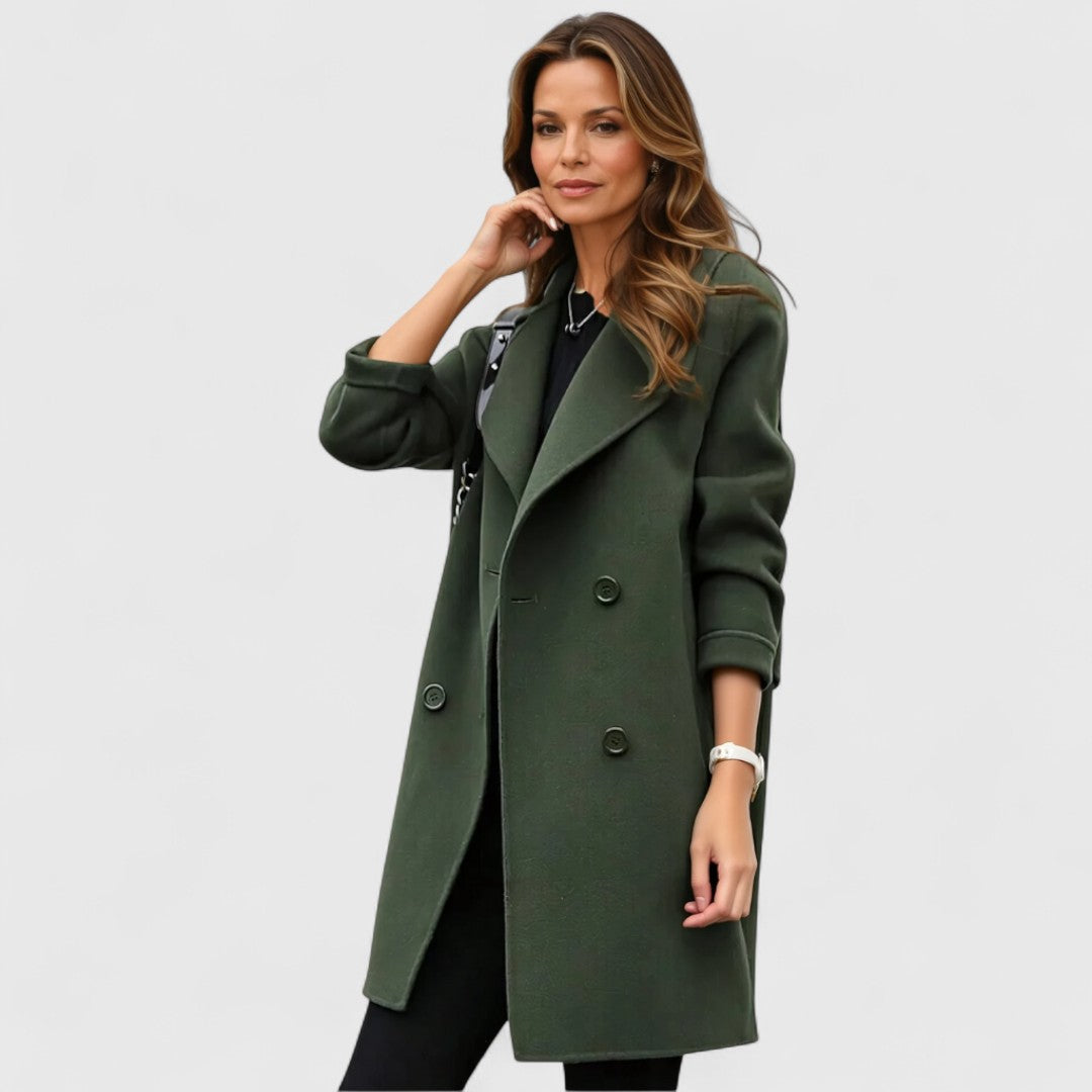 Cappotto Lungo Doppiopetto da Donna con Revers - Verde Militare