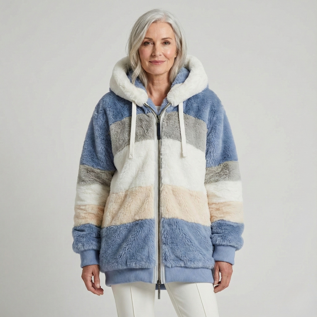 Giacca Invernale Donna con Cappuccio e Zip - Righe Blu
