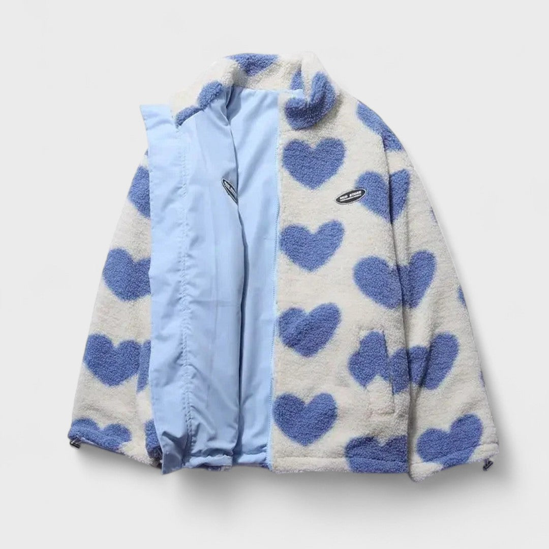 Giacca Donna in Pile Reversibile con Stampa a Cuori - Blu
