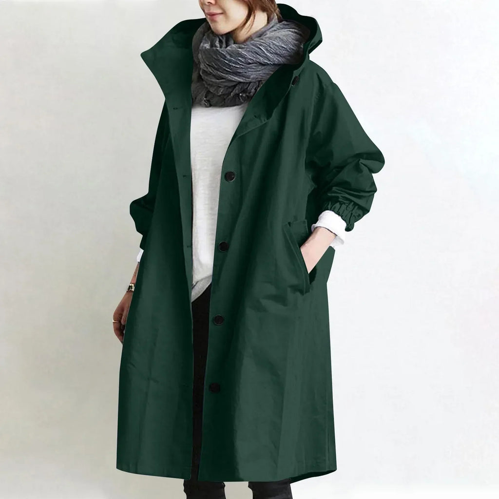 Trench Lungo da Donna con Cappuccio - Verde Scuro