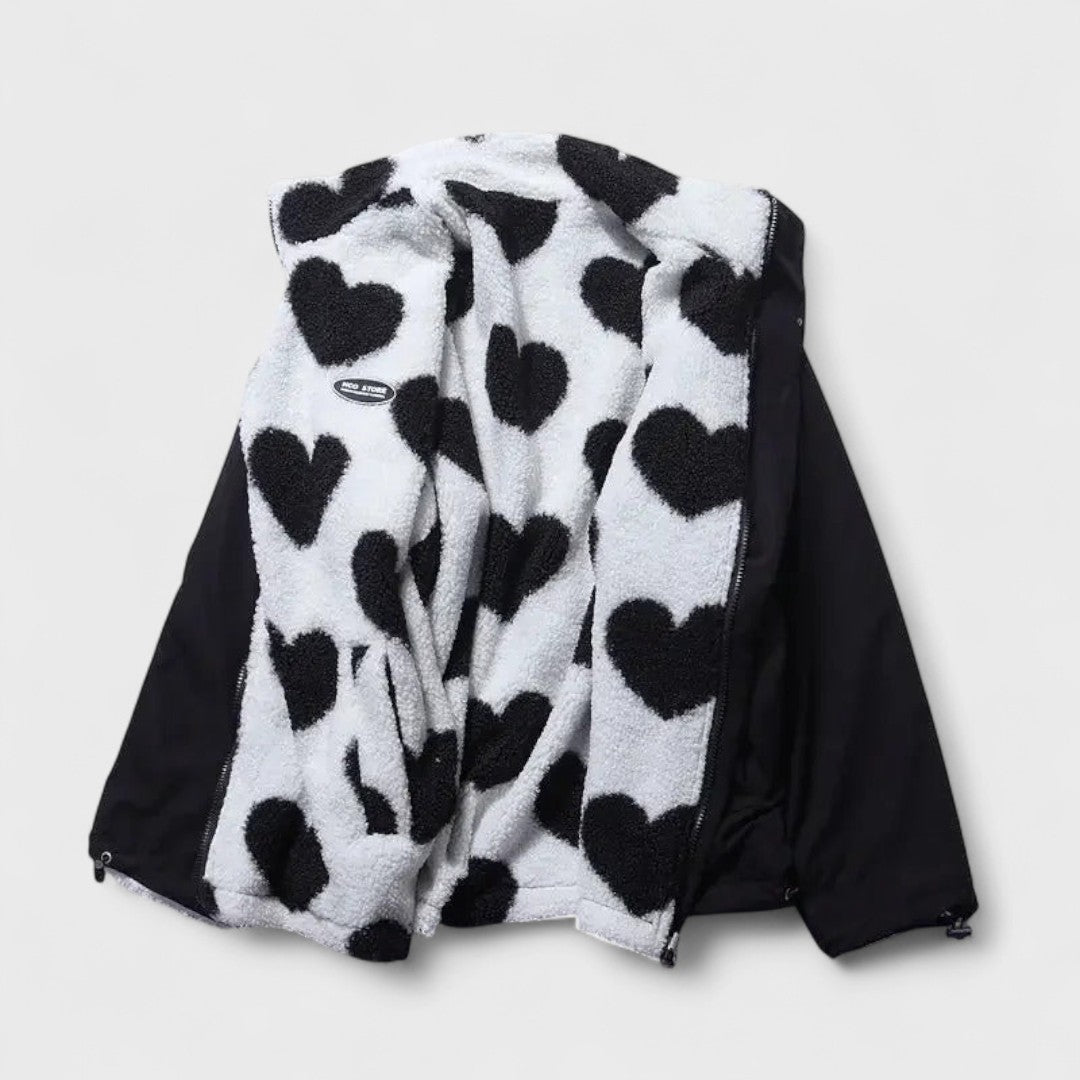 Giacca Donna in Pile Reversibile con Stampa a Cuori