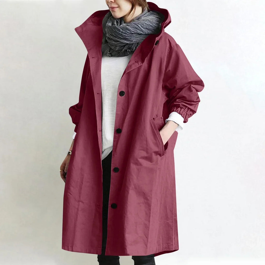 Trench Lungo da Donna con Cappuccio - Rosso Vino