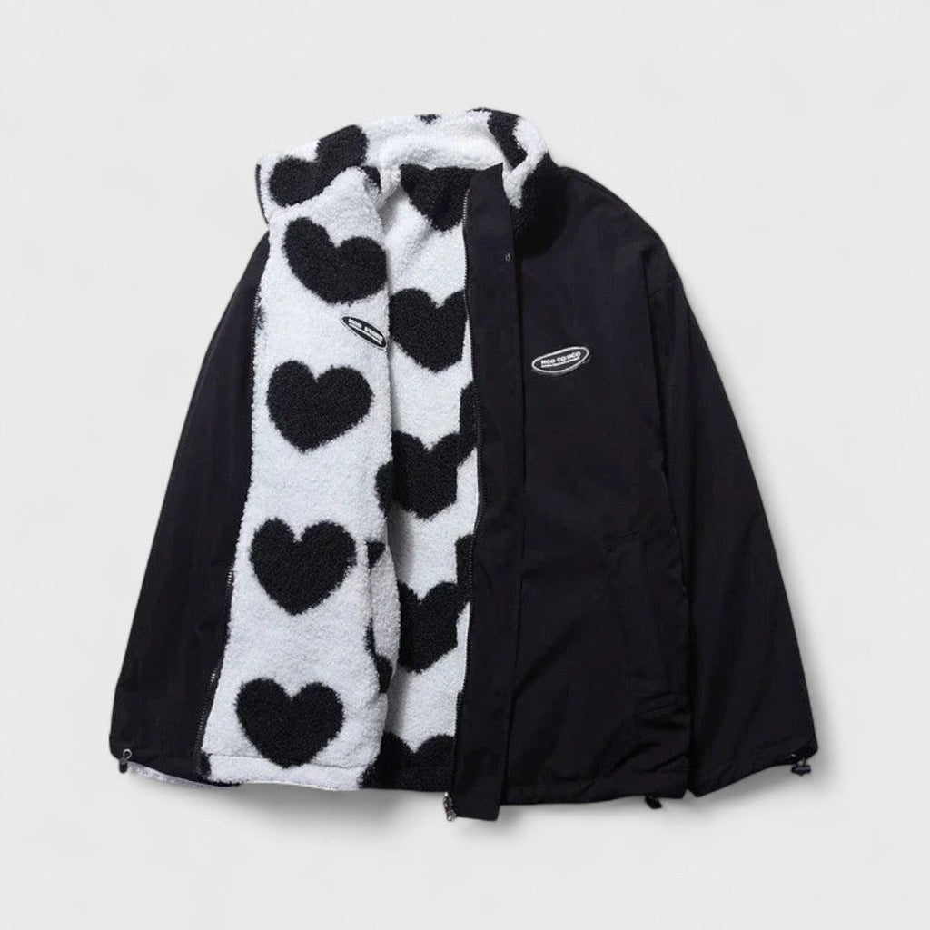 Giacca Donna in Pile Reversibile con Stampa a Cuori - Nero