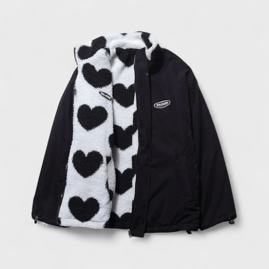 Giacca Donna in Pile Reversibile con Stampa a Cuori - Nero