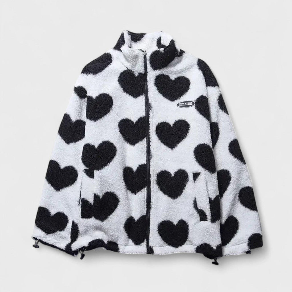Giacca Donna in Pile Reversibile con Stampa a Cuori