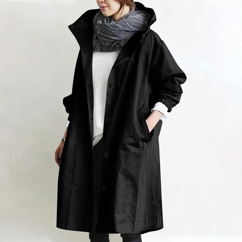 Trench Lungo da Donna con Cappuccio - Nero