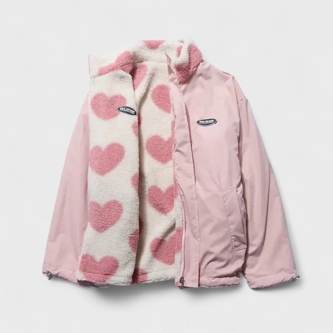 Giacca Donna in Pile Reversibile con Stampa a Cuori - Rosa