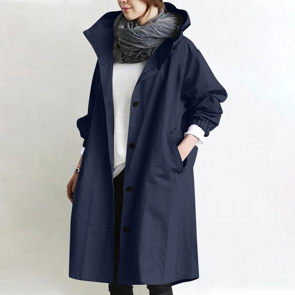 Trench Lungo da Donna con Cappuccio - Blu Navy