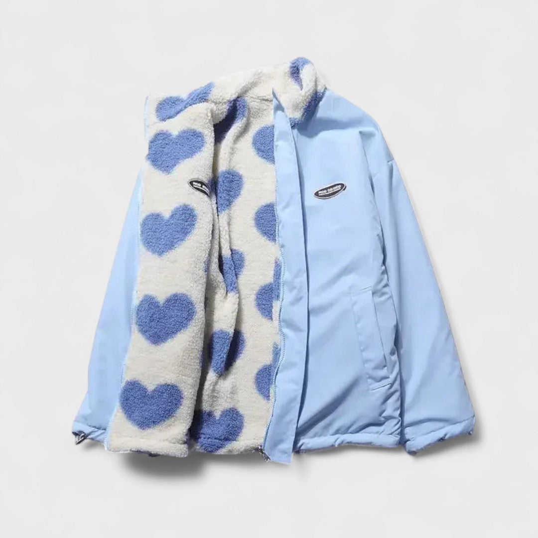 Giacca Donna in Pile Reversibile con Stampa a Cuori