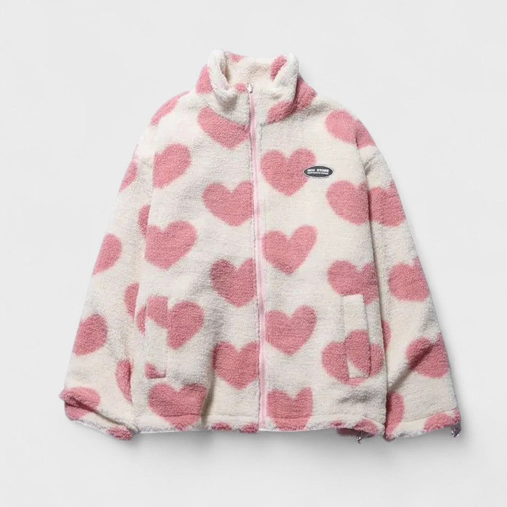 Giacca Donna in Pile Reversibile con Stampa a Cuori