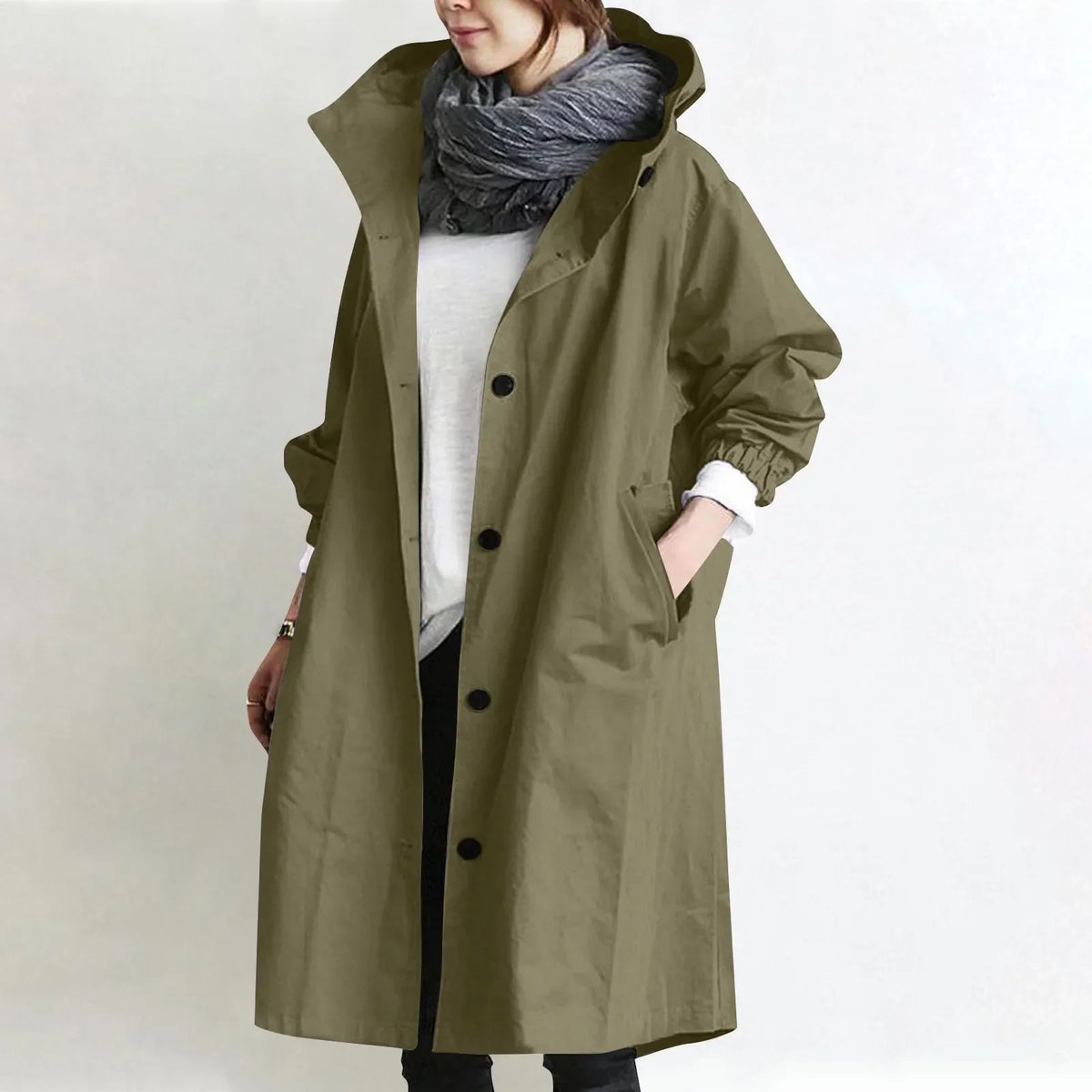 Trench Lungo da Donna con Cappuccio - Verde Foresta