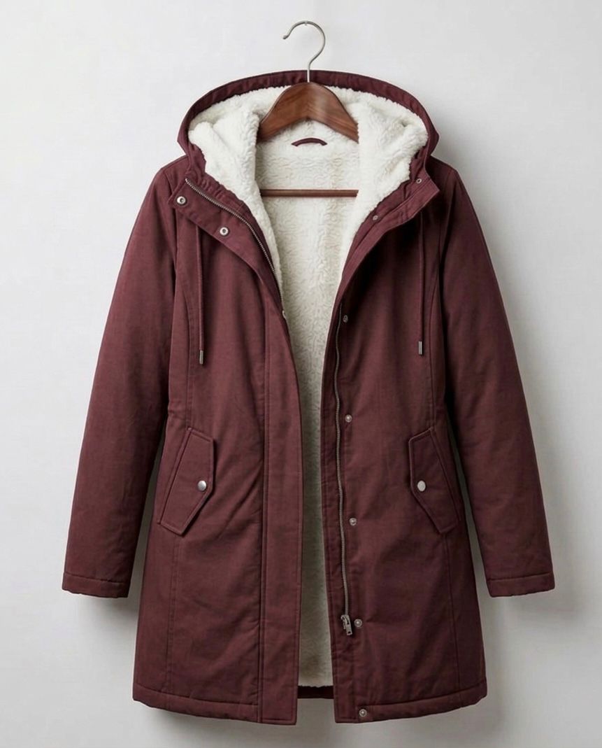 Parka Lungo da Donna con Cappuccio e Fodera Effetto Pile - Rosso Bacca