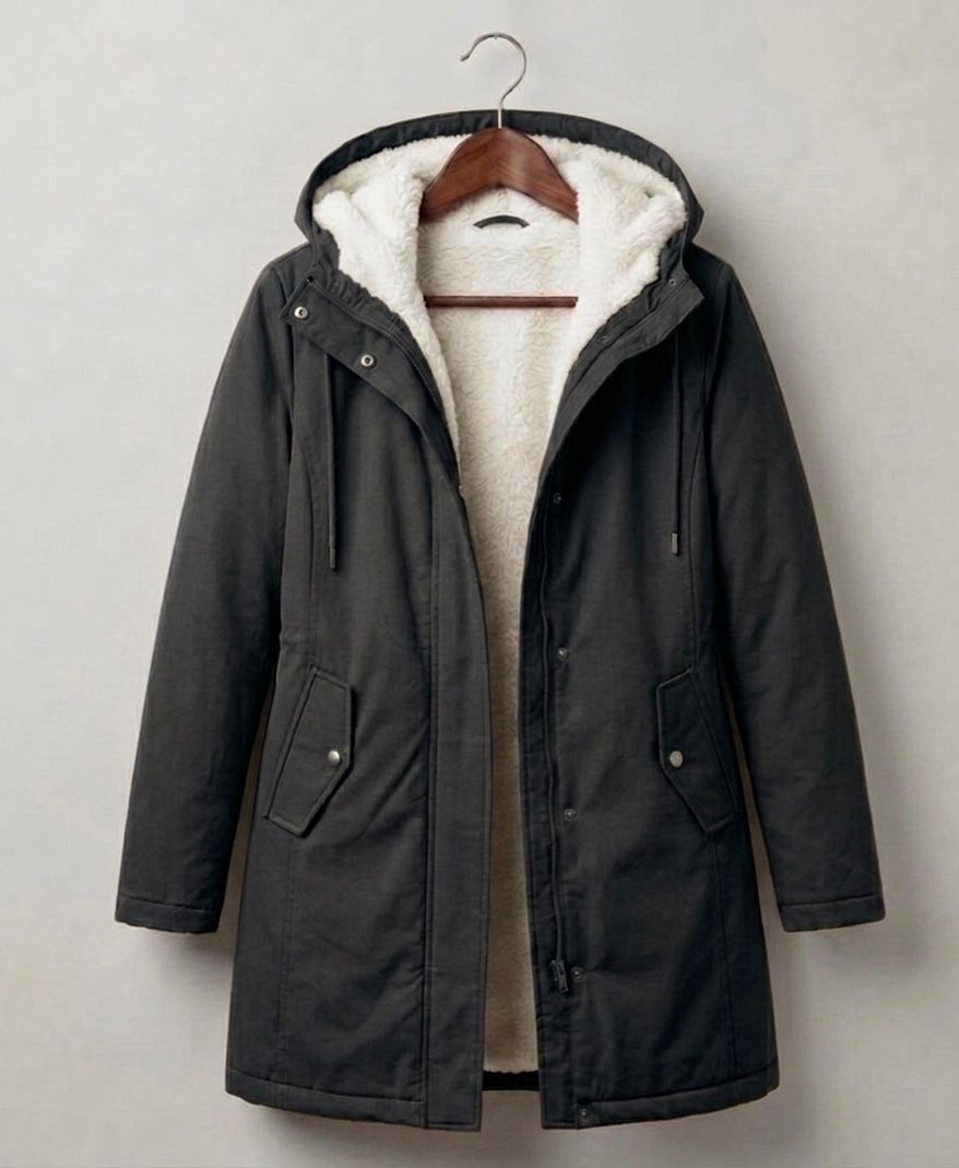 Parka Lungo da Donna con Cappuccio e Fodera Effetto Pile - Nero
