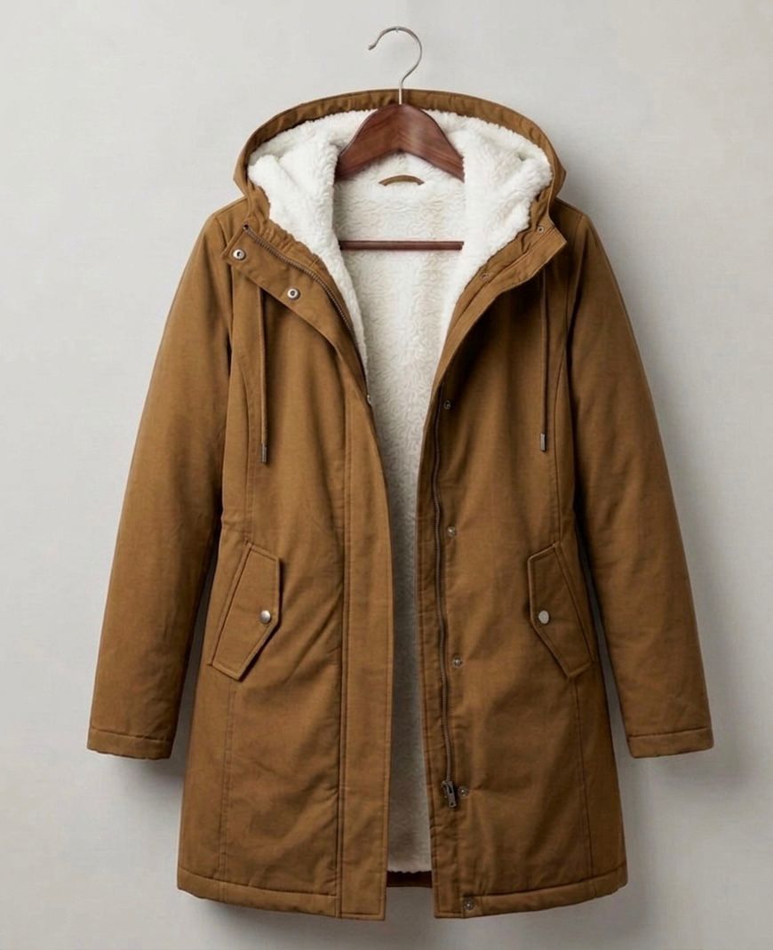 Parka Lungo da Donna con Cappuccio e Fodera Effetto Pile - Kaki