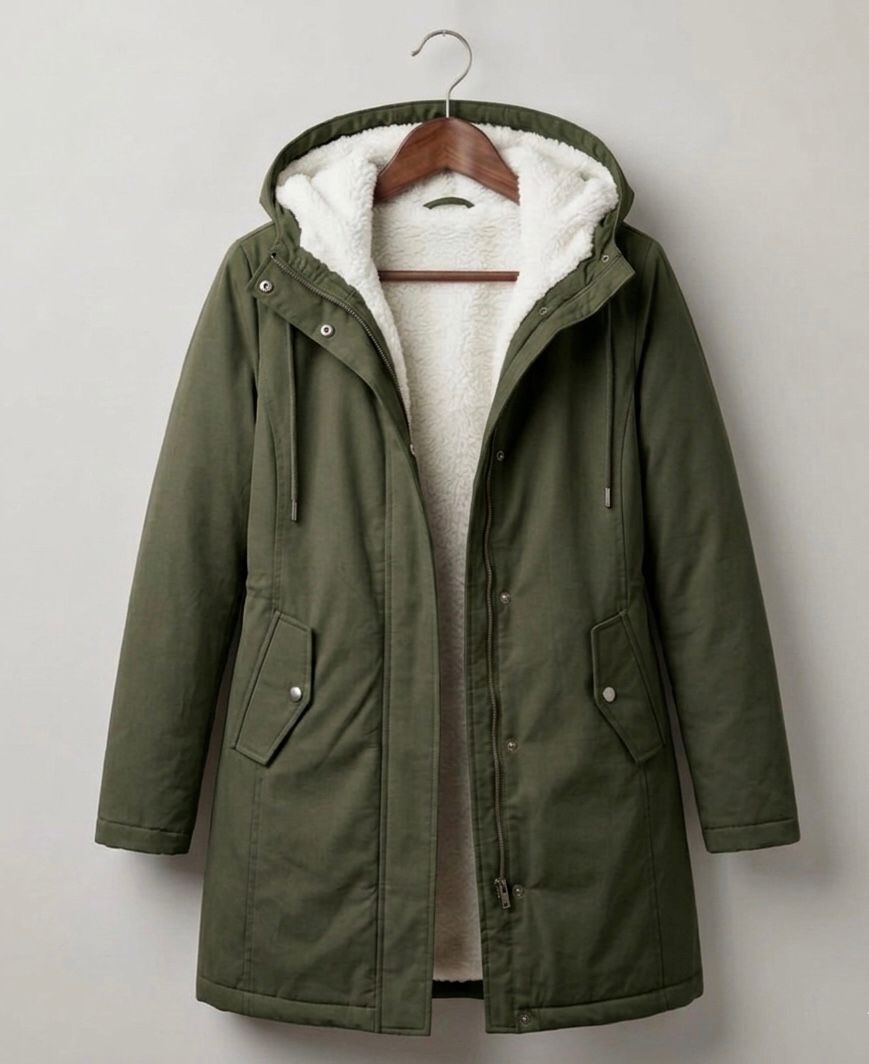 Parka Lungo da Donna con Cappuccio e Fodera Effetto Pile - Verde Bosco