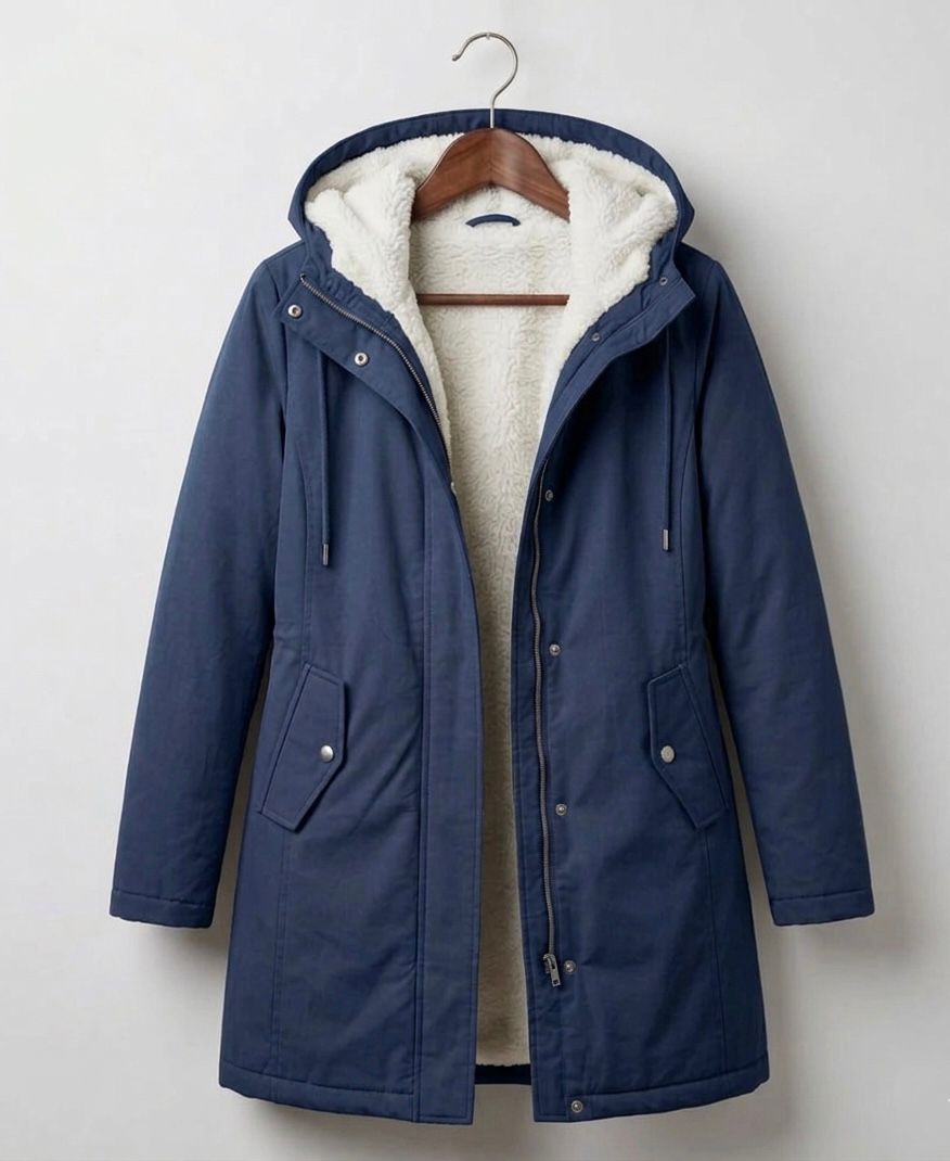 Parka Lungo da Donna con Cappuccio e Fodera Effetto Pile - Blu Notte