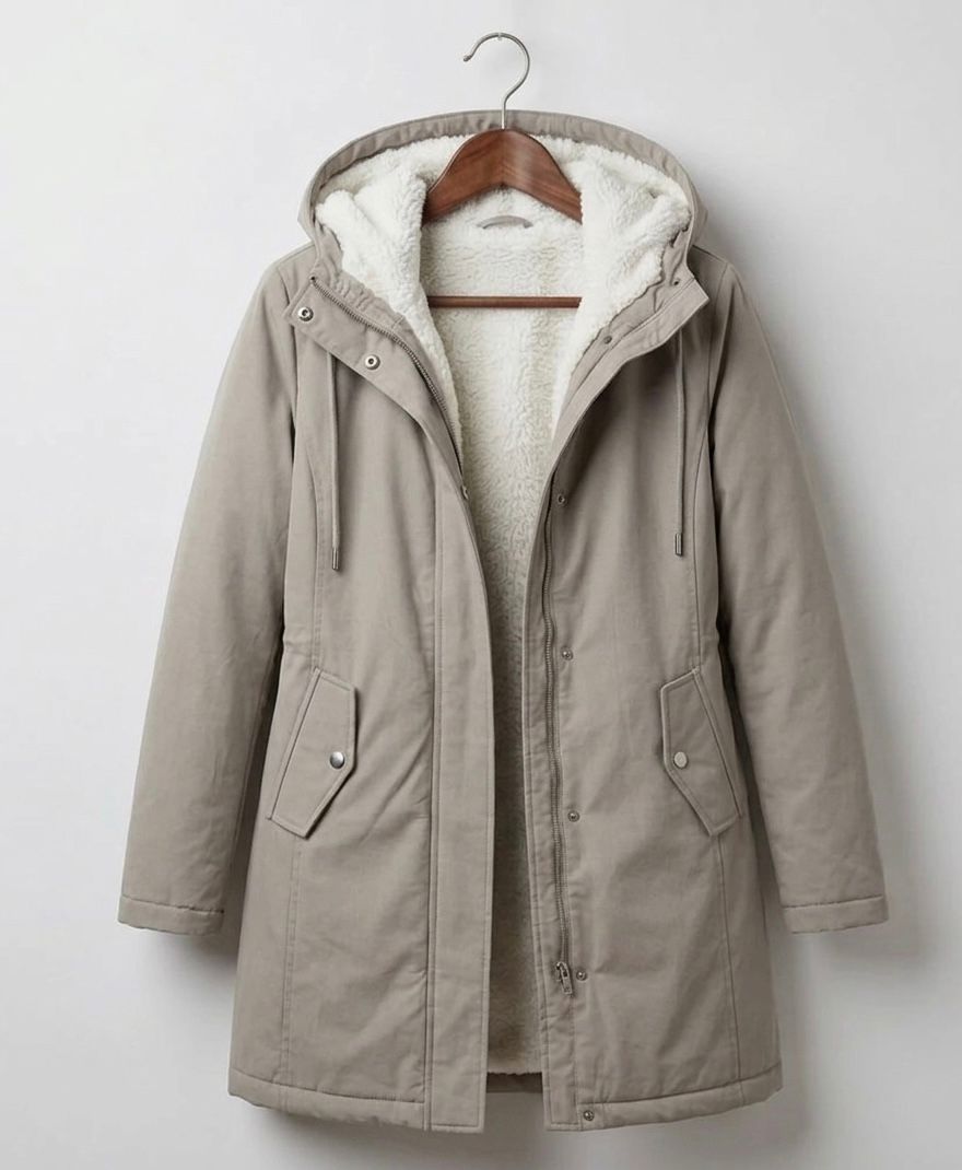 Parka Lungo da Donna con Cappuccio e Fodera Effetto Pile - Grigio