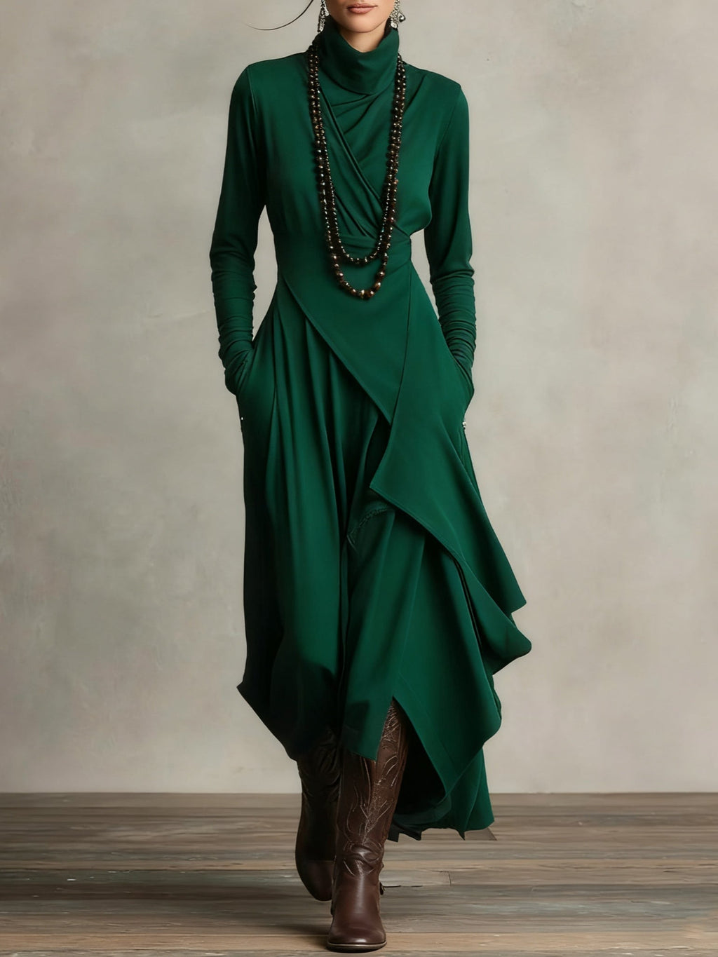 Abito Lungo Donna Drappeggiato con Collo Alto - Verde
