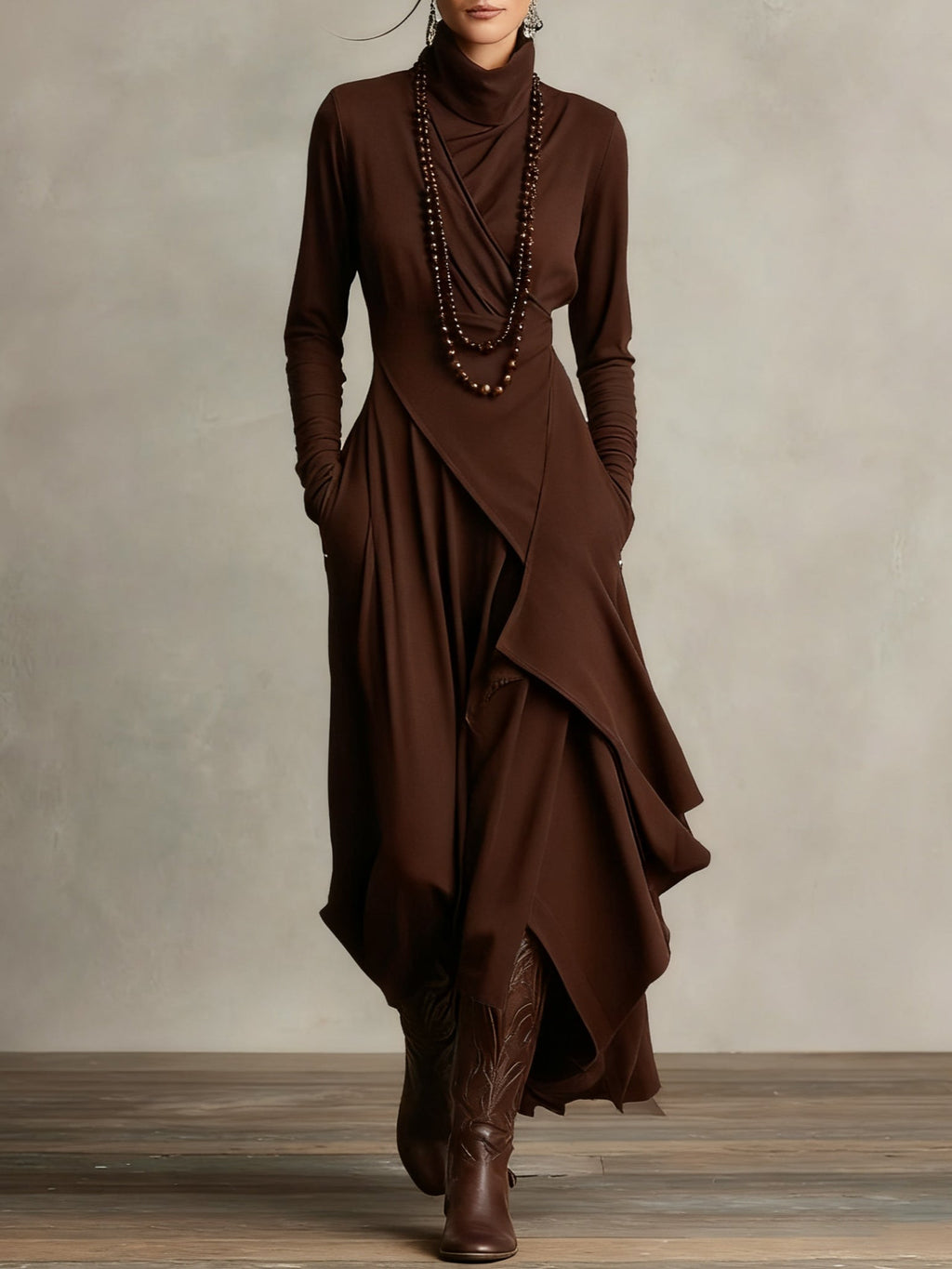 Abito Lungo Donna Drappeggiato con Collo Alto - Marrone