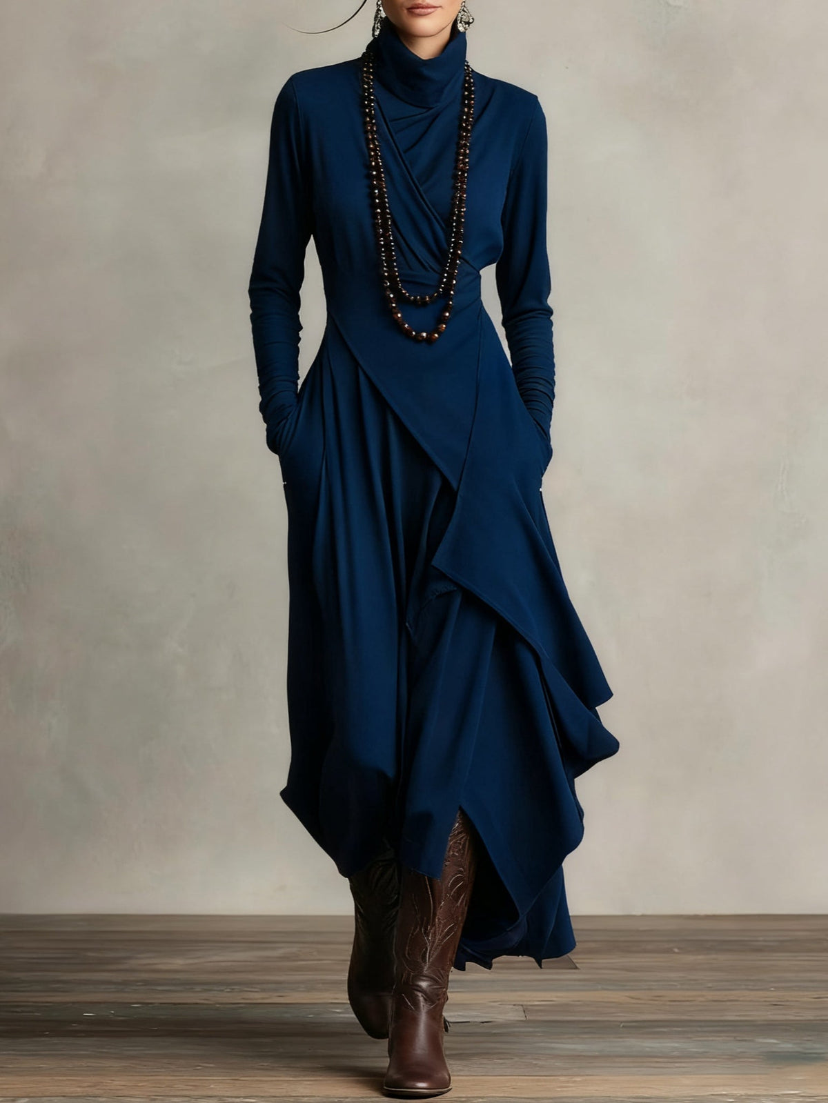 Abito Lungo Donna Drappeggiato con Collo Alto - Blu Navy