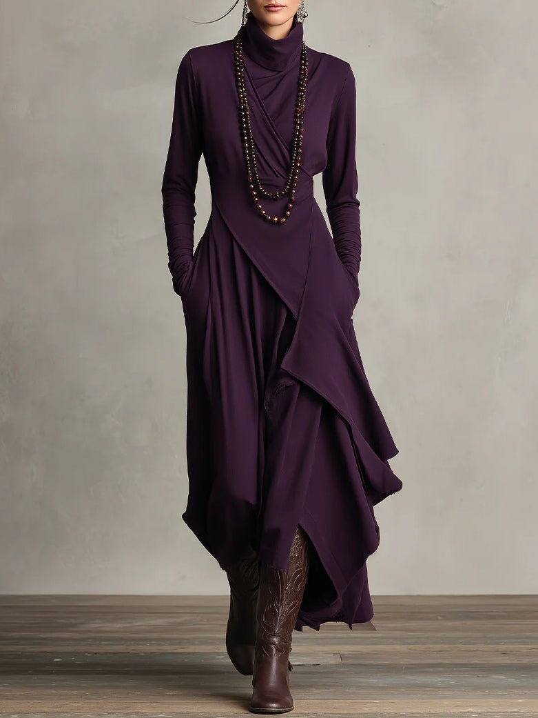 Abito Lungo Donna Drappeggiato con Collo Alto - Viola