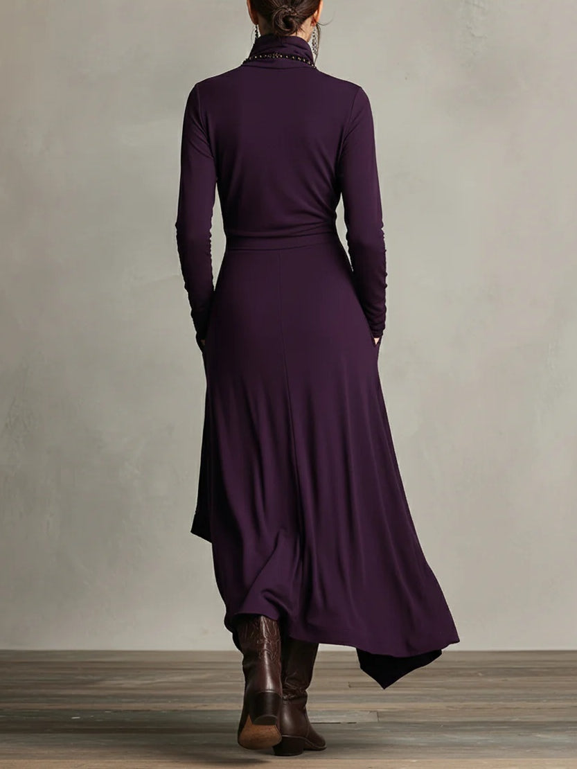 Abito Lungo Donna Drappeggiato con Collo Alto