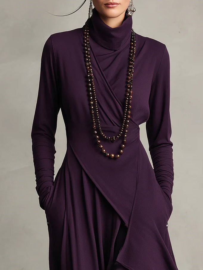 Abito Lungo Donna Drappeggiato con Collo Alto