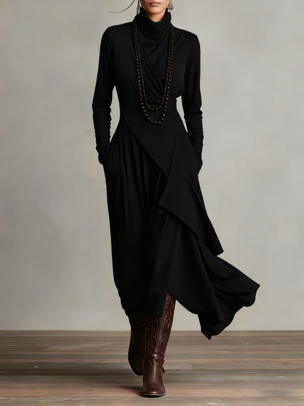 Abito Lungo Donna Drappeggiato con Collo Alto - Nero