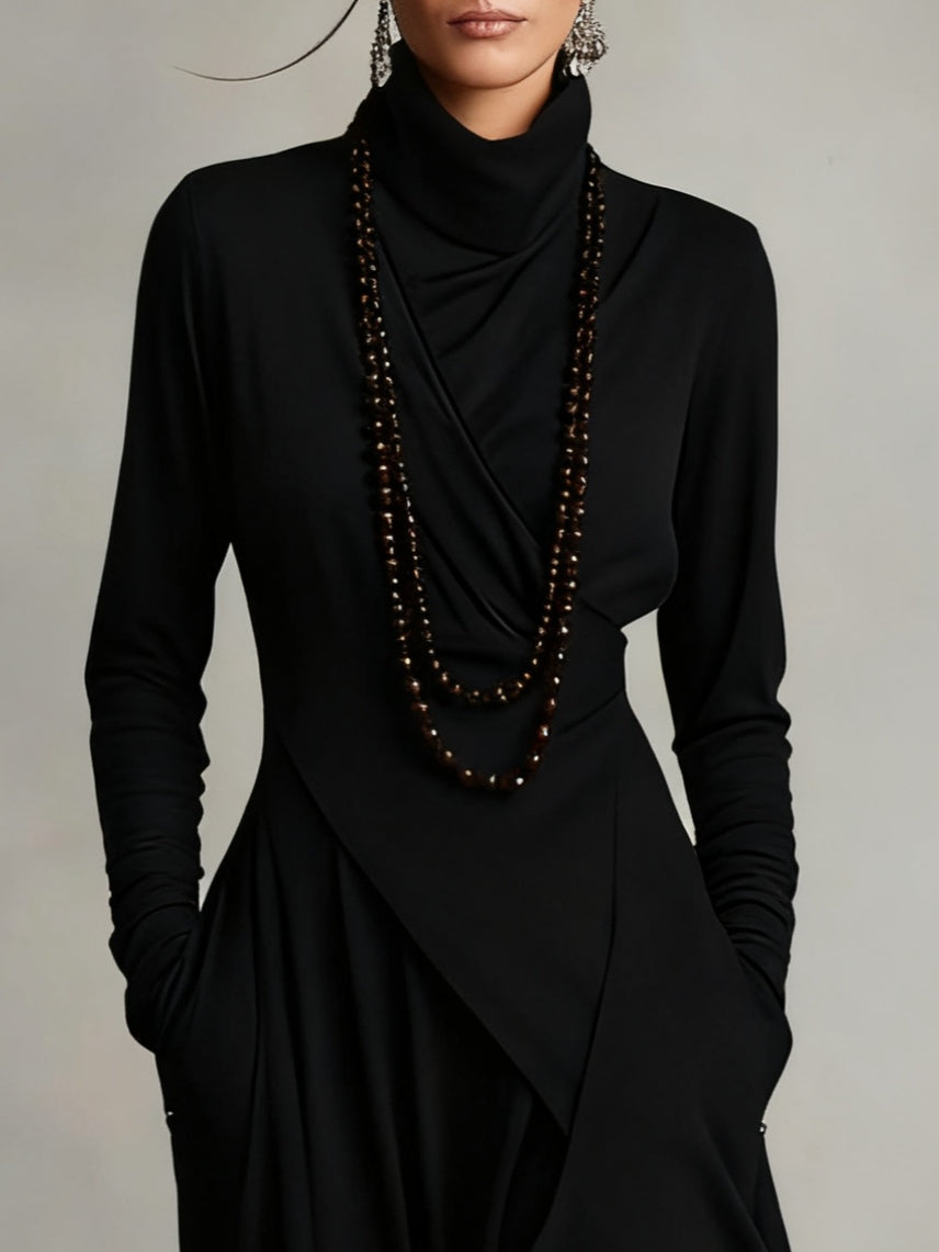 Abito Lungo Donna Drappeggiato con Collo Alto
